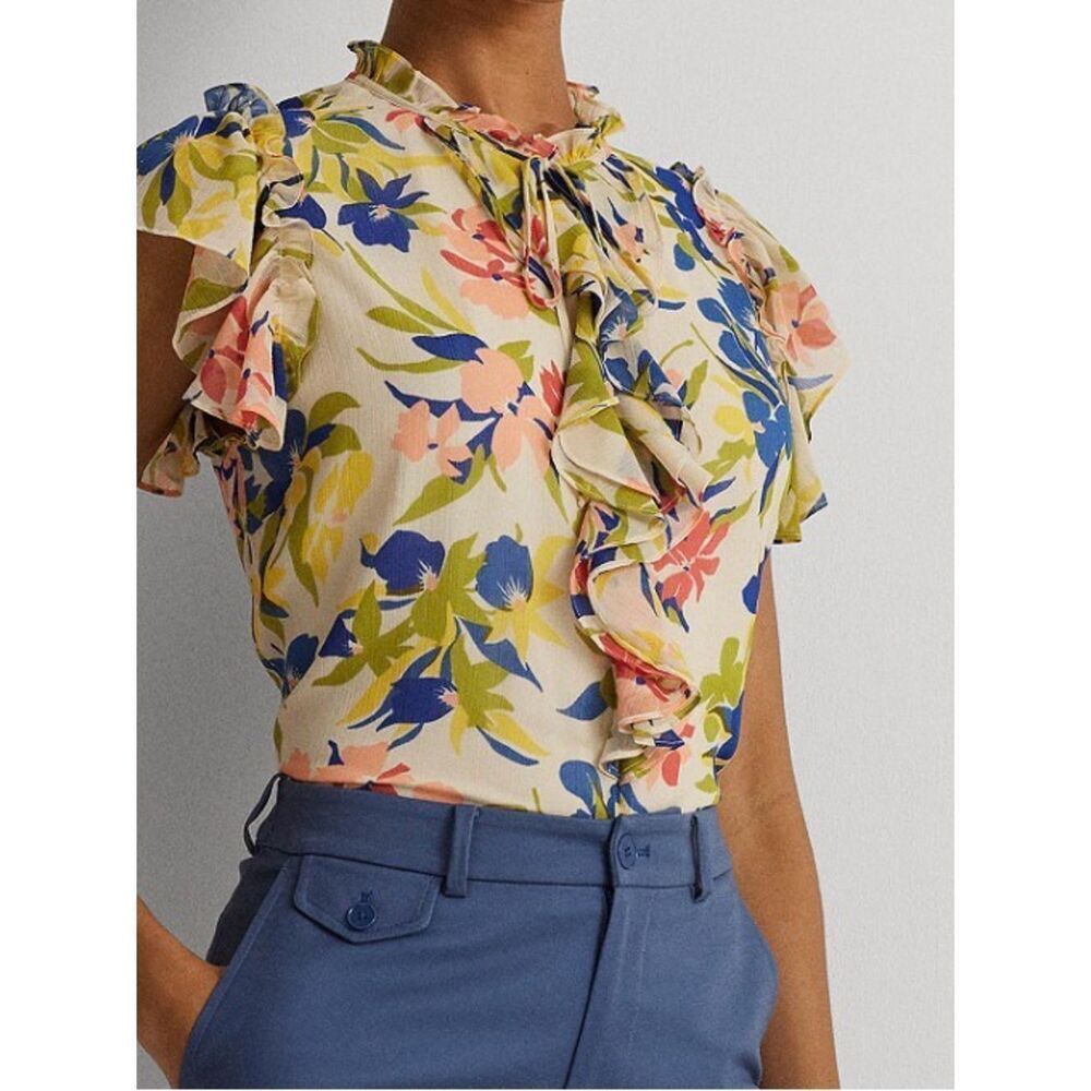 Lauren Ralph Lauren Women's Size L Floral Ruffle Trim Tie Neck Georgette Top
